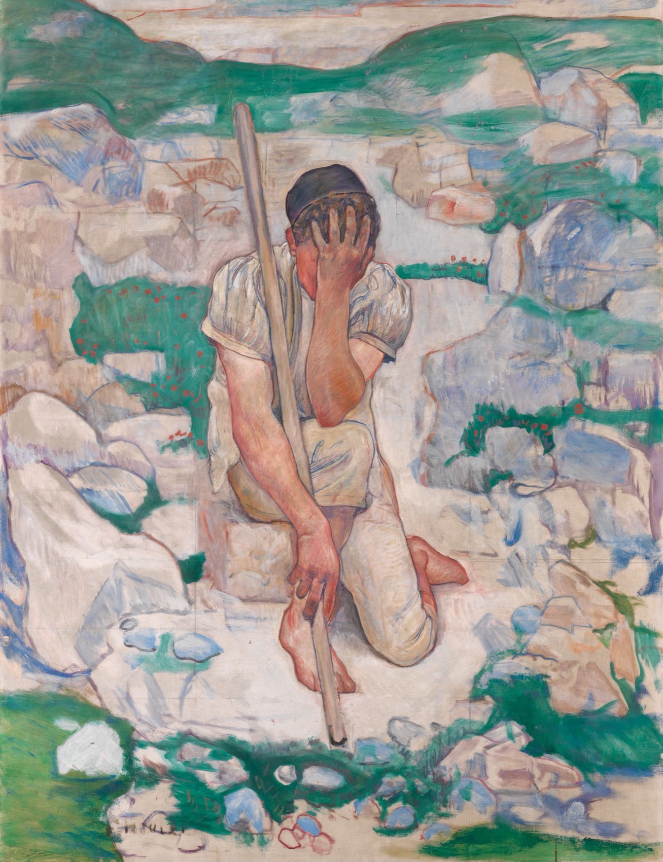 Ferdinand Hodler: Ein junger Hirte kniet zwischen hellen Felsen und grünen Moospolstern und stützt den Kopf in die Hand