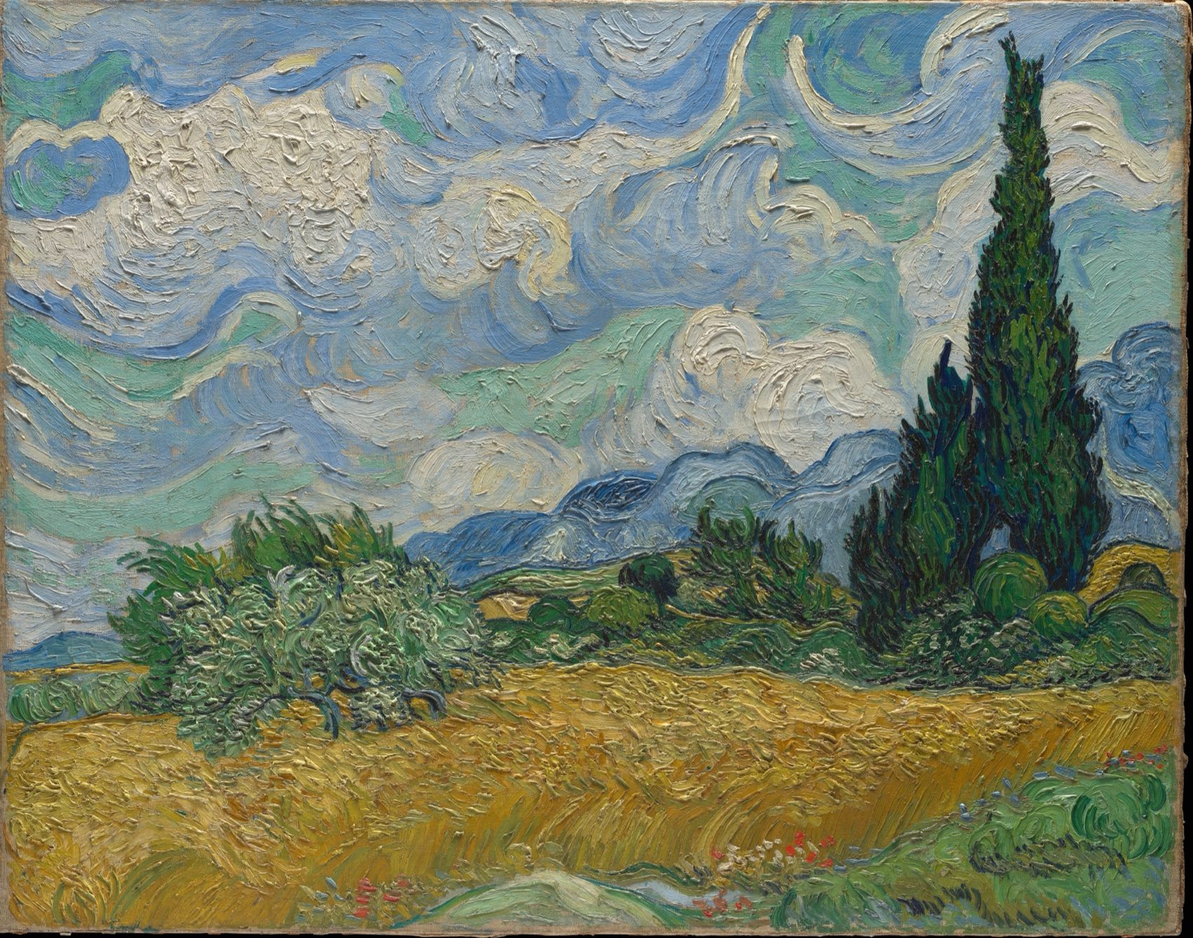 Vincent van Gogh: Goldgelbes Weizenfeld unter bewegtem Himmel, rechts eine hohe dunkelgrüne Zypresse